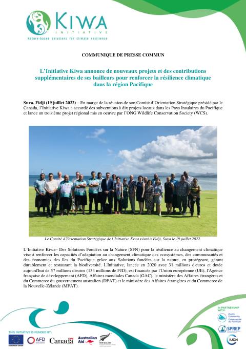 [ COMMUNIQUÉ DE PRESSE ] - L’Initiative Kiwa annonce de nouveaux projets et des contributions supplémentaires de ses bailleurs pour renforcer la résilience climatique dans la région Pacifique