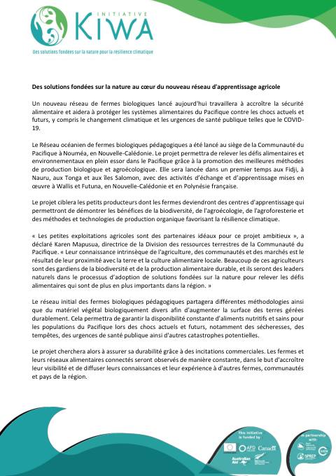 [ COMMUNIQUÉ DE PRESSE ] - Signature du 1er projet régional - Le réseau Pacifique de fermes biologiques pédagogiques POLFN