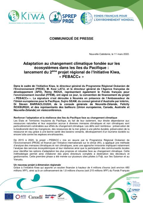 [ COMMUNIQUÉ DE PRESSE ] - Adaptation au changement climatique fondée sur les écosystèmes dans les îles du Pacifique : lancement du 2ème projet régional Kiwa : « PEBACC+ »
