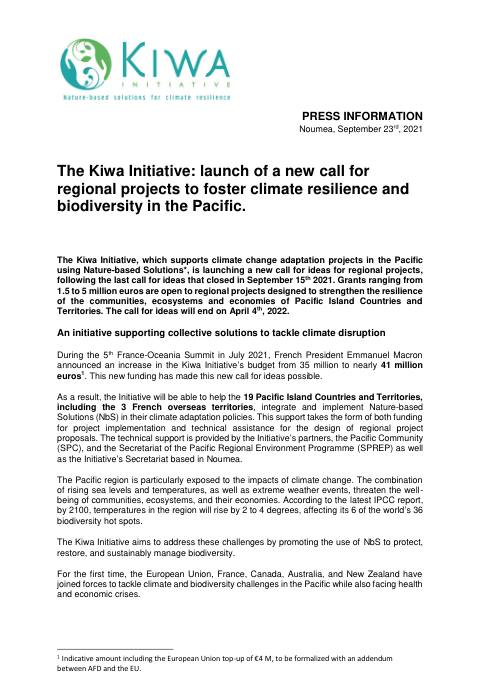 [ PRESS RELEASE ] - The Kiwa Initiative: launch of a new call for regional projects to foster climate resilience and biodiversity in the Pacific.