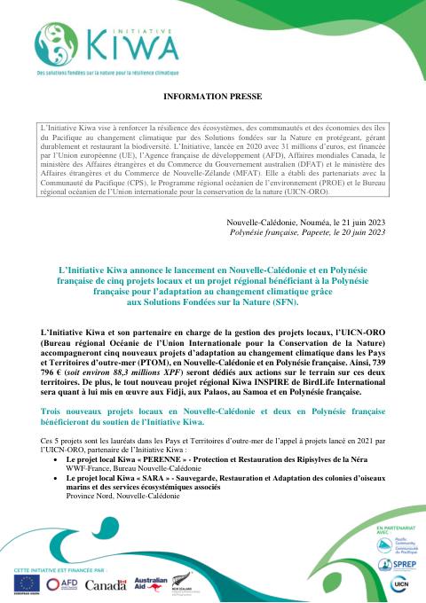 [ COMMUNIQUÉ DE PRESSE ] - L’Initiative Kiwa annonce le lancement en Nouvelle-Calédonie et en Polynésie française de cinq projets locaux et un projet régional bénéficiant à la Polynésie française