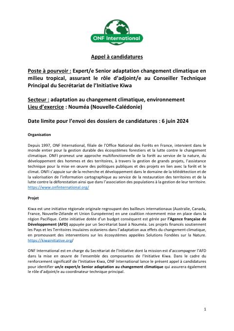Un/e expert/e senior Adaptation au Changement Climatique en milieu tropical, assurant le rôle d'adjoint/e au Conseiller technique principal du Secrétariat de Kiwa Initiative