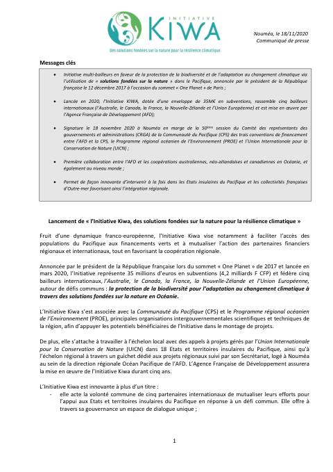[ COMMUNIQUÉ DE PRESSE ] - Lancement de l’Initiative Kiwa, des solutions fondées sur la nature pour la résilience climatique