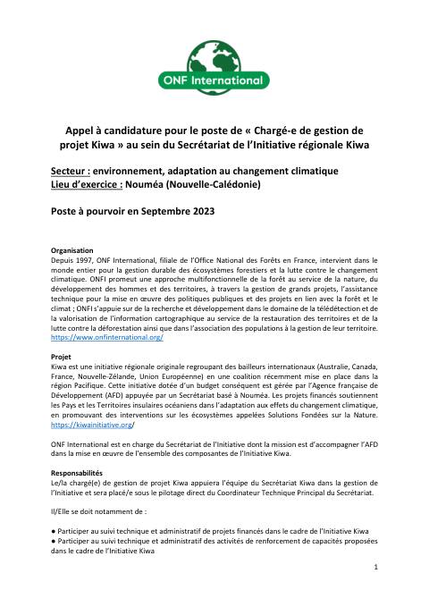 Appel à candidatures - Chargé.e de gestion de projet Kiwa - Nouméa