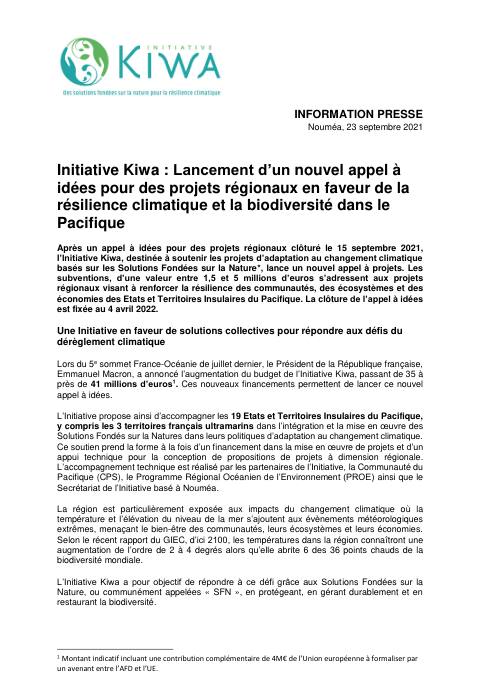 [ COMMUNIQUÉ DE PRESSE ] - Initiative Kiwa : Lancement d’un nouvel appel à idées pour des projets régionaux en faveur de la résilience climatique et la biodiversité dans le Pacifique
