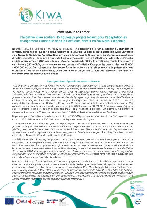 [ COMMUNIQUÉ DE PRESSE ] - Initiative Kiwa - Annonce 15 nouveaux projets locaux - 22 Juillet 2025