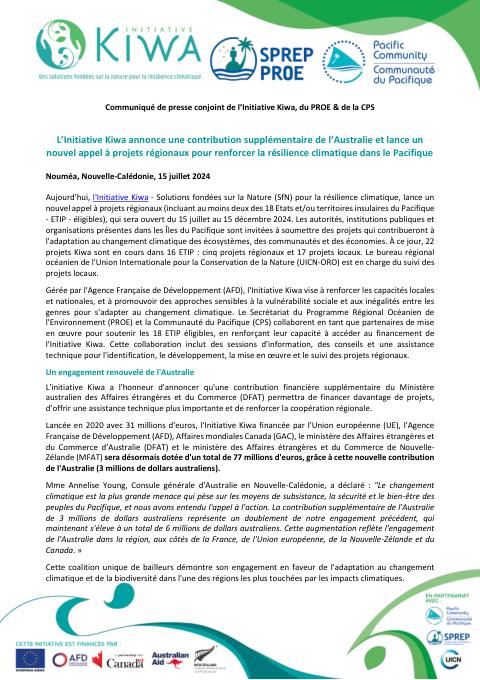 [ COMMUNIQUÉ DE PRESSE ] - Lancement de l'appel à projets régionaux 2024 de l'Initiative Kiwa