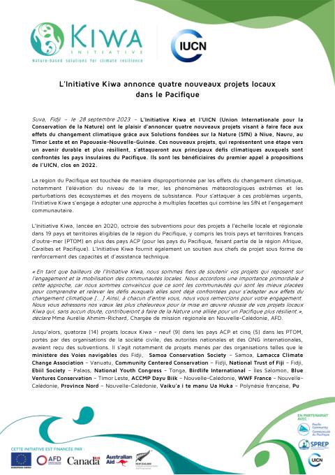 [ COMMUNIQUÉ DE PRESSE ] - L'Initiative Kiwa annonce quatre nouveaux projets locaux dans le Pacifique 28.09.2023